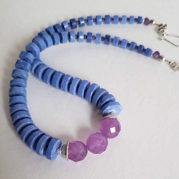 Sterling Silver MAGNESITE AMETHYST CHALCEDONY Necklace Heishi Choker Adjustable - Picture 11 of 16